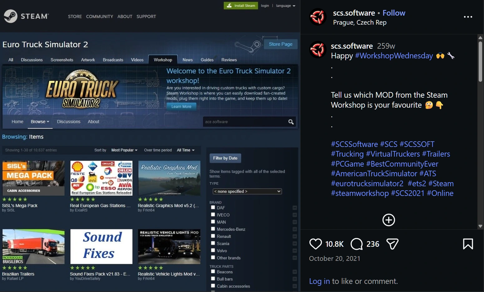 Archival screenshot of an official SCS Software Instagram post about Steam Workshop mods, with the Brazilian Trailers pack visible in the workshop listing.