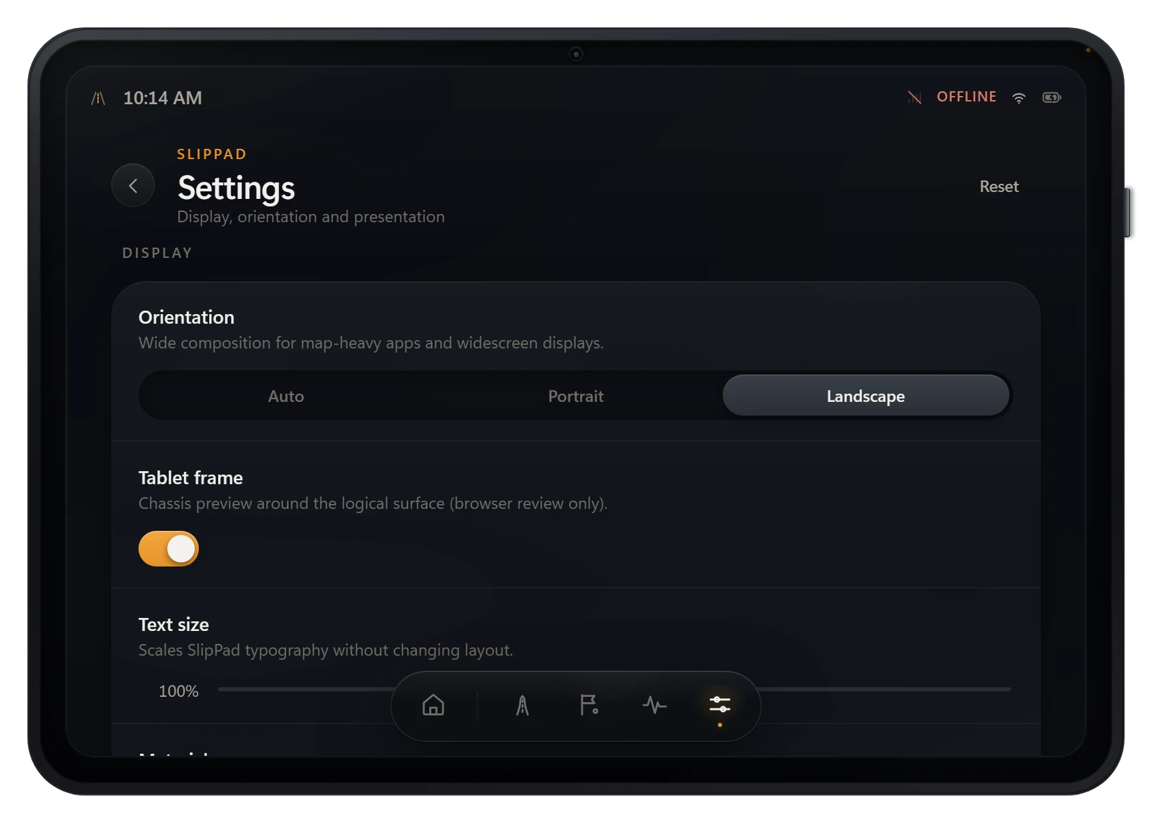 The SlipPad in landscape orientation, showing its settings screen, running over the simulator.
