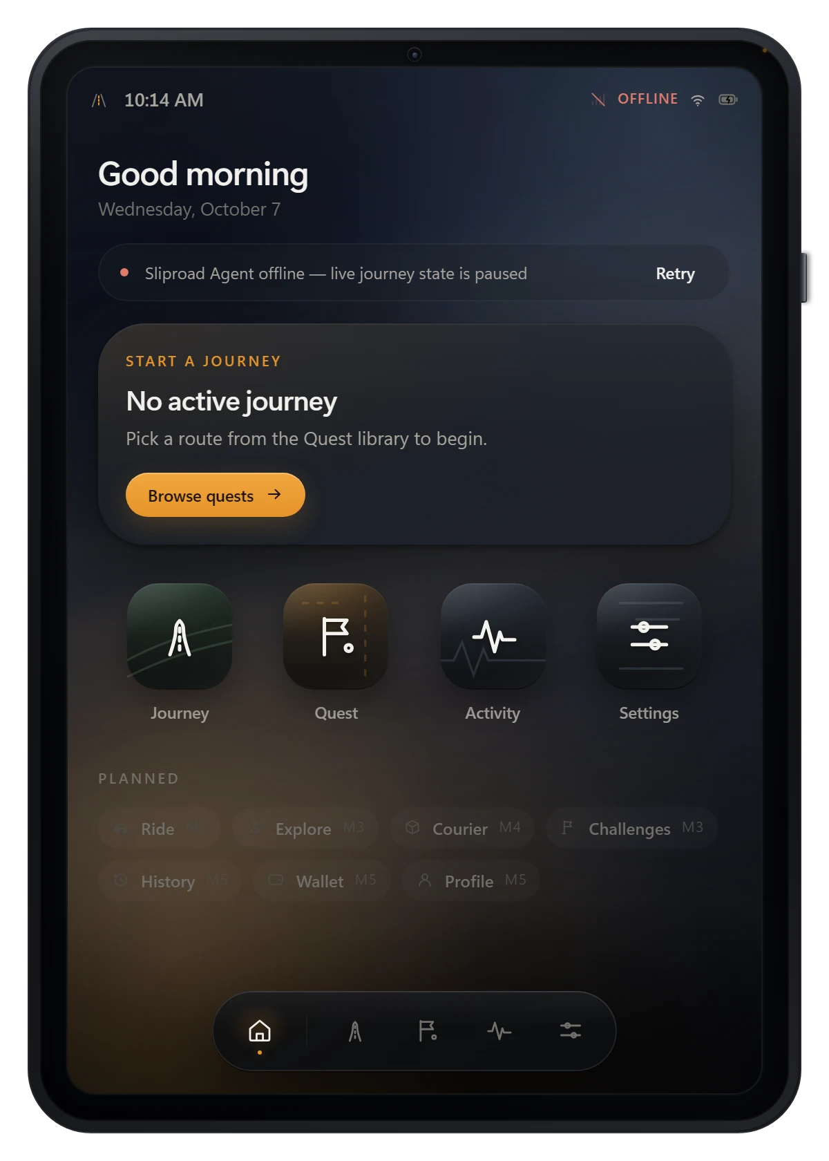 The SlipPad Home screen: a journey briefing card with a 'Browse quests' action, and the Journey, Quest, Activity and Settings apps.