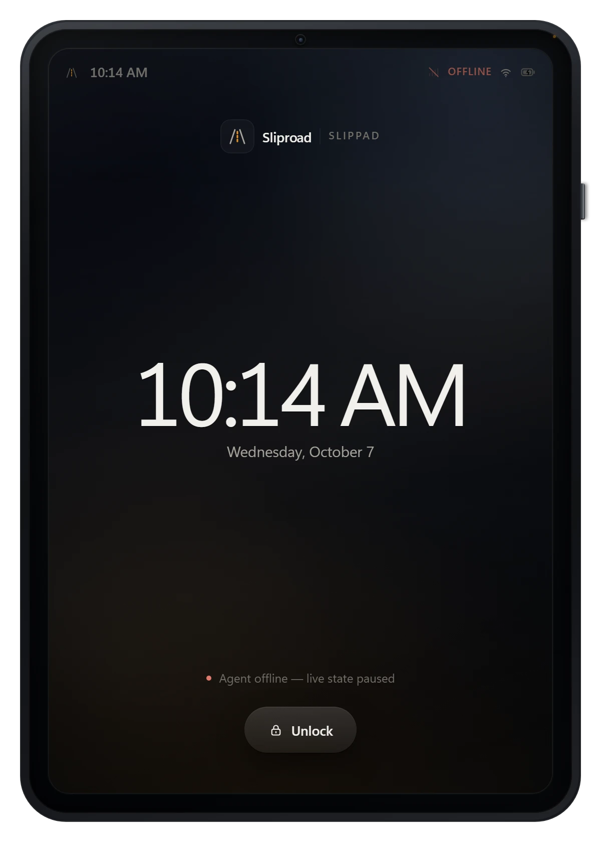 The SlipPad — Sliproad's tablet shell — on its lock screen, showing the Sliproad identity, a large local clock and the date.