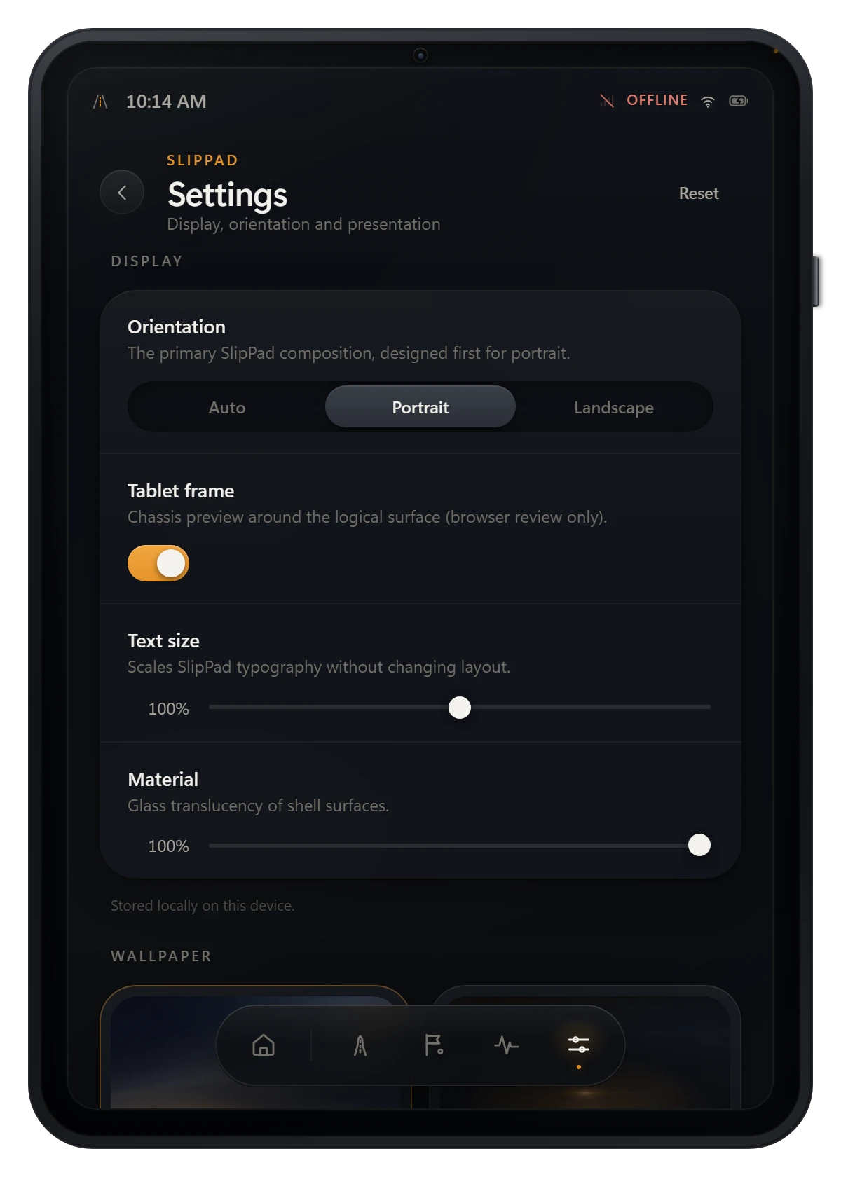SlipPad Settings: orientation, tablet frame, text size and material controls, all stored locally on the device.